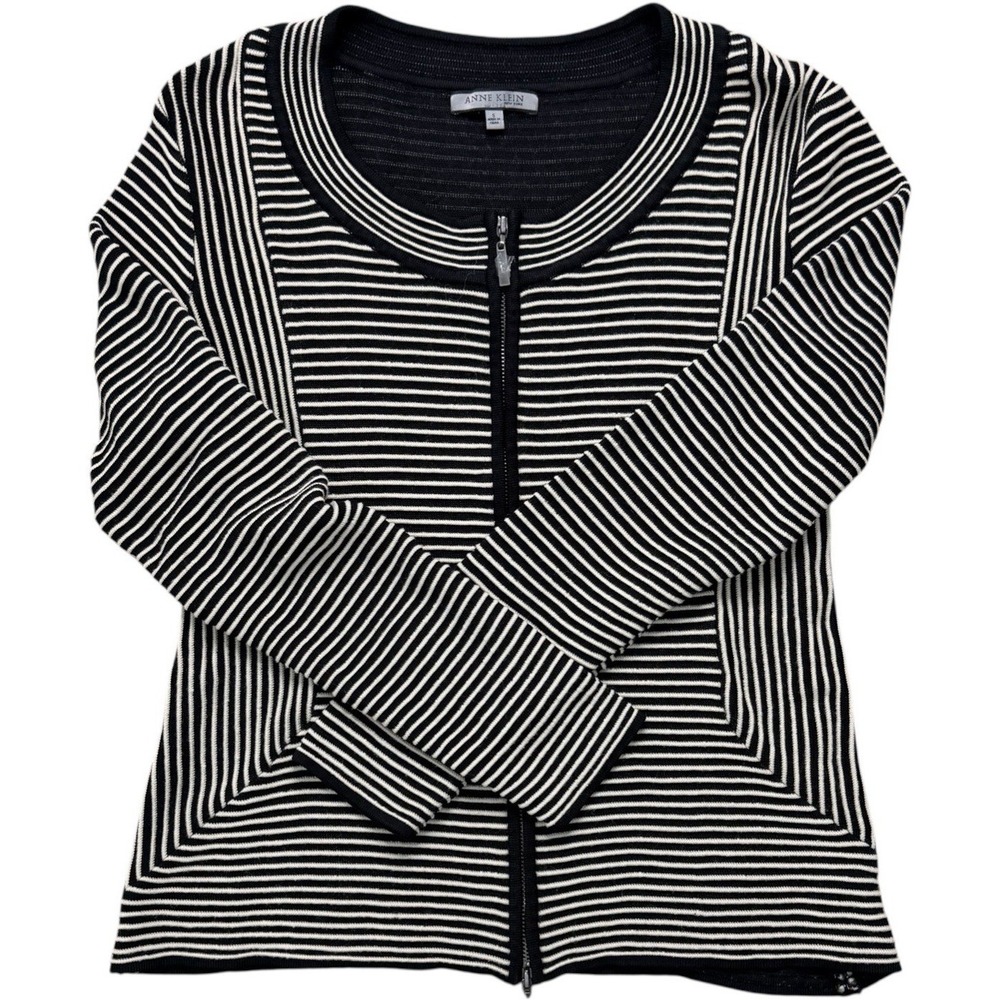 Anne Klein Women's Small Black White Striped Zip Front Cardigan Jacket Vest Chic